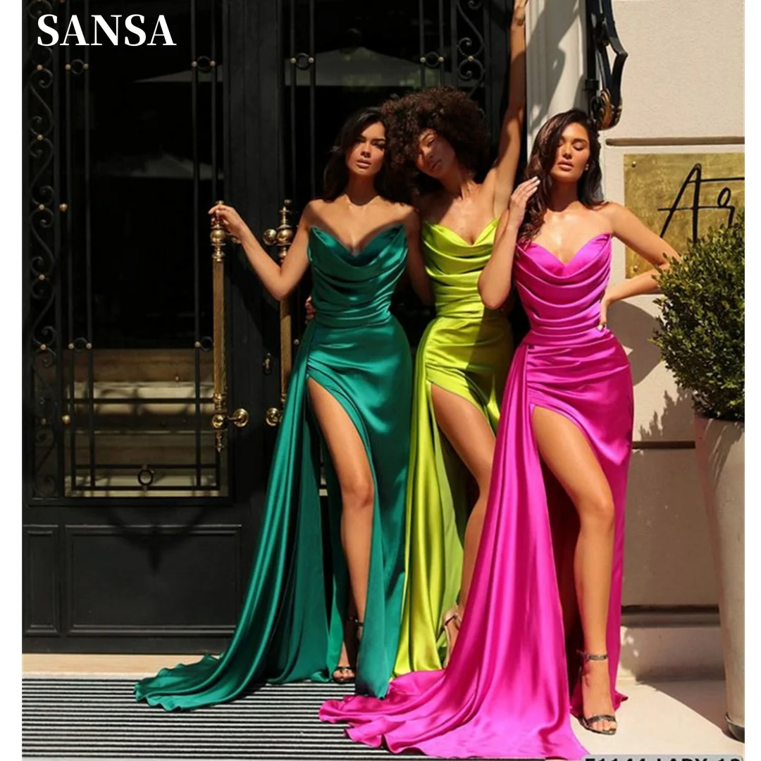 Sansa Simple Mermaid فساتين السهرة Side High Split Satin Vestidos De Noche Strapless Fishtail Prom Dresses 2024 With Glove