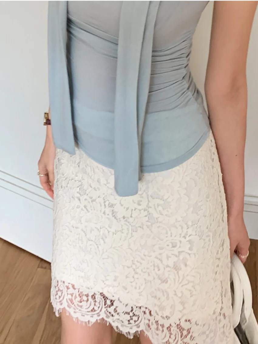 Alien Kitty Sommer, figurbetont, schmal geschnitten, mittellange Röcke für Damen, Spitze, Blumen, 2025, sanfte hohe Taille, Bürodame, Arbeitskleidung, Neu