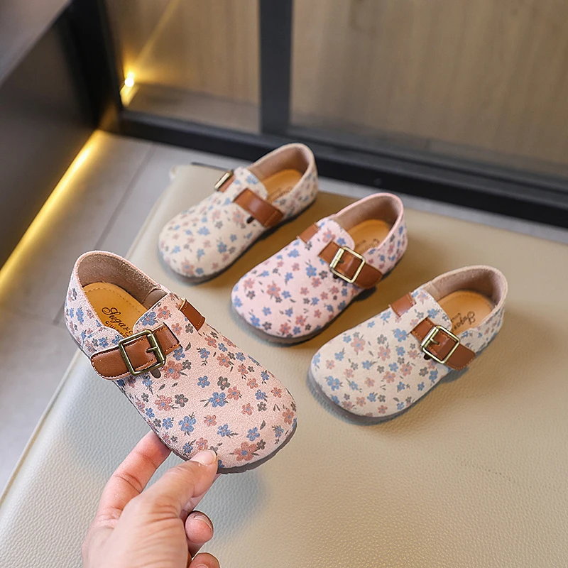 Kids Leather Shoe Soft Bottom Versatile Girls Princess Shoes Fashion Floral Pattern Children Causal Walking Flat Shoes Hook Loop