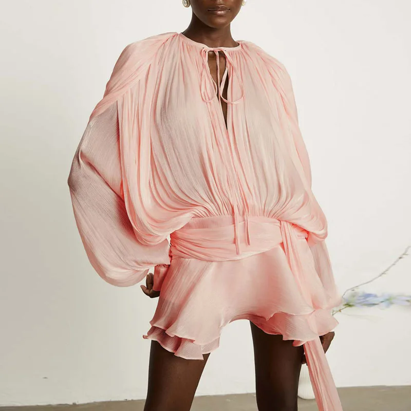 Nieuwe Franse stijl mini-jurk met bubbelmouwen Damesmode Ruche effen helder satijnen feestjurk Lente tie-up O-hals geplooide jurk