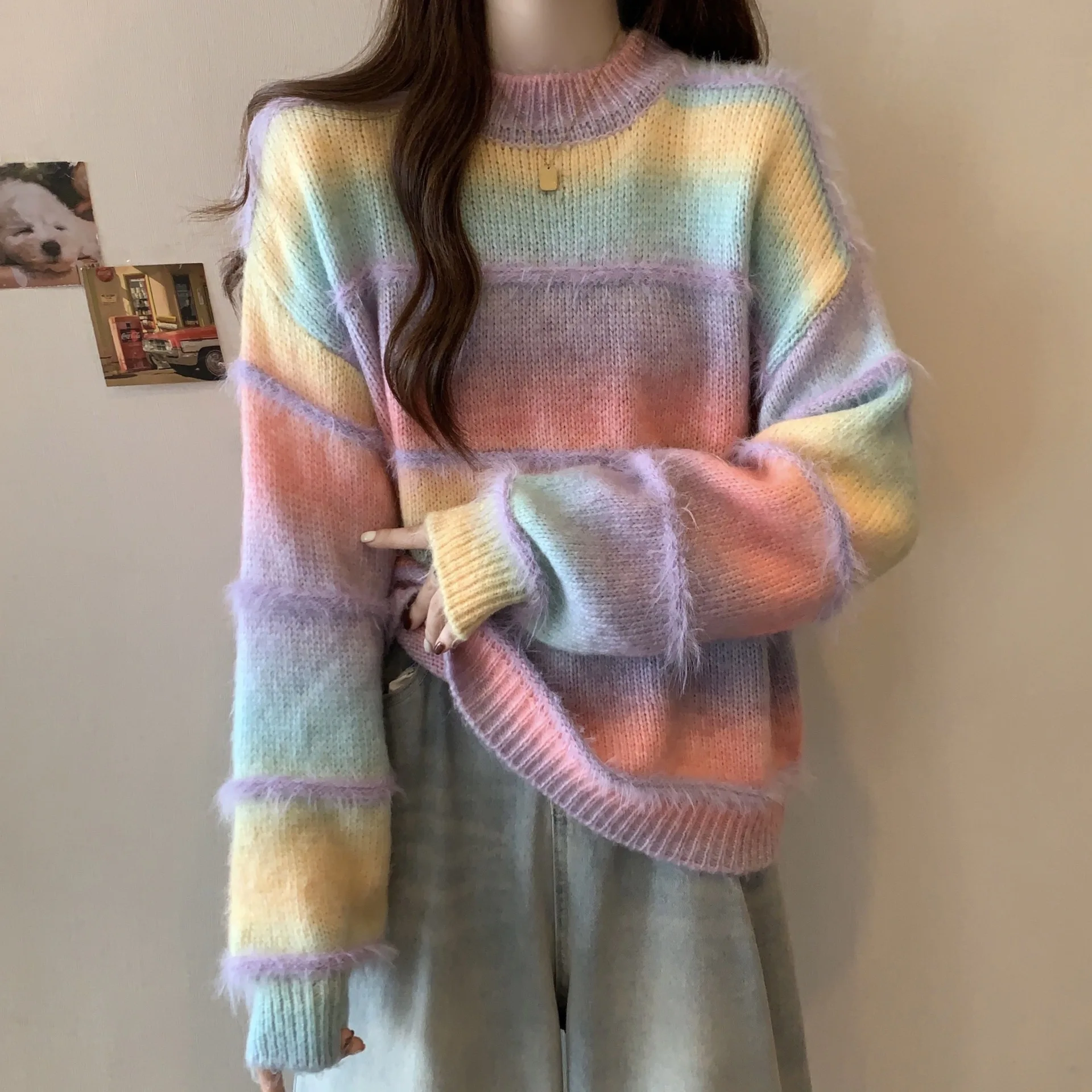 Women Gradient Striped Soft Sweater American Style Fashion Round Neck Long Sleeve Pullovers Spring Autumn Trend Retro Loose Tops