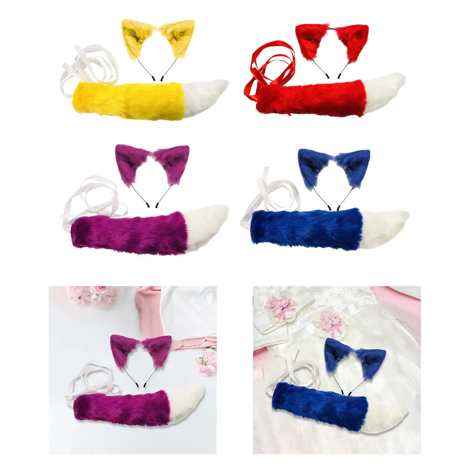 Conjunto de orelhas e cauda de pele sintética, fantasia de halloween para adultos e crianças, cerimônia de formatura, boate, decoração de festa