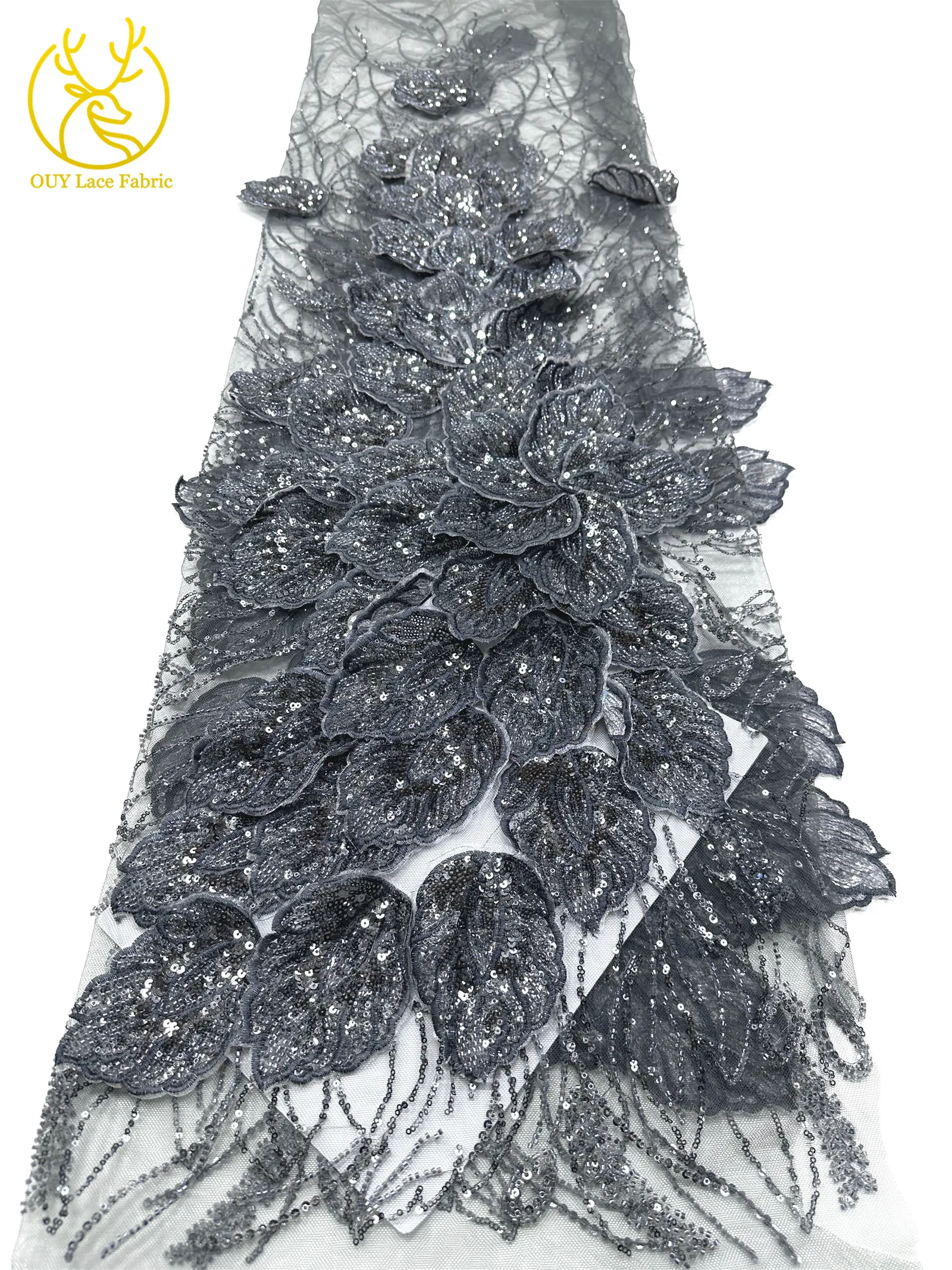 Nigerianischer 3D-Stickerei-Blatt-Spitzenstoff 5 Yards Afrikanische DIY-Stickerei Perlen-Pailletten-Spitze Tüll-Netzspitze Damen-Abendkleid – Detail 29