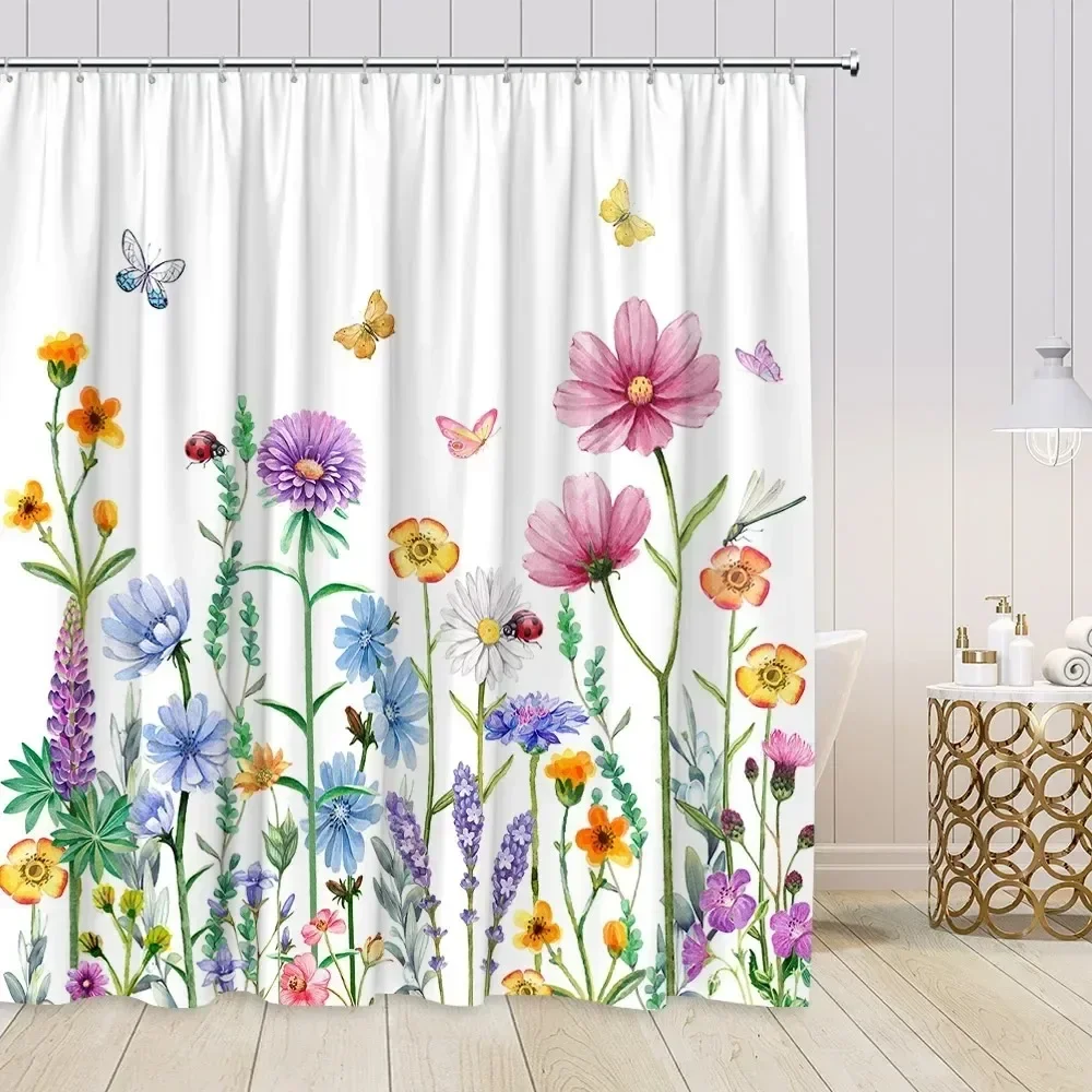 Hand Painted Floral Shower Curtains Set Watercolor Flowers Plants Poppies Butterfly Simple Polyester Nordic Bathroom Decor Hooks