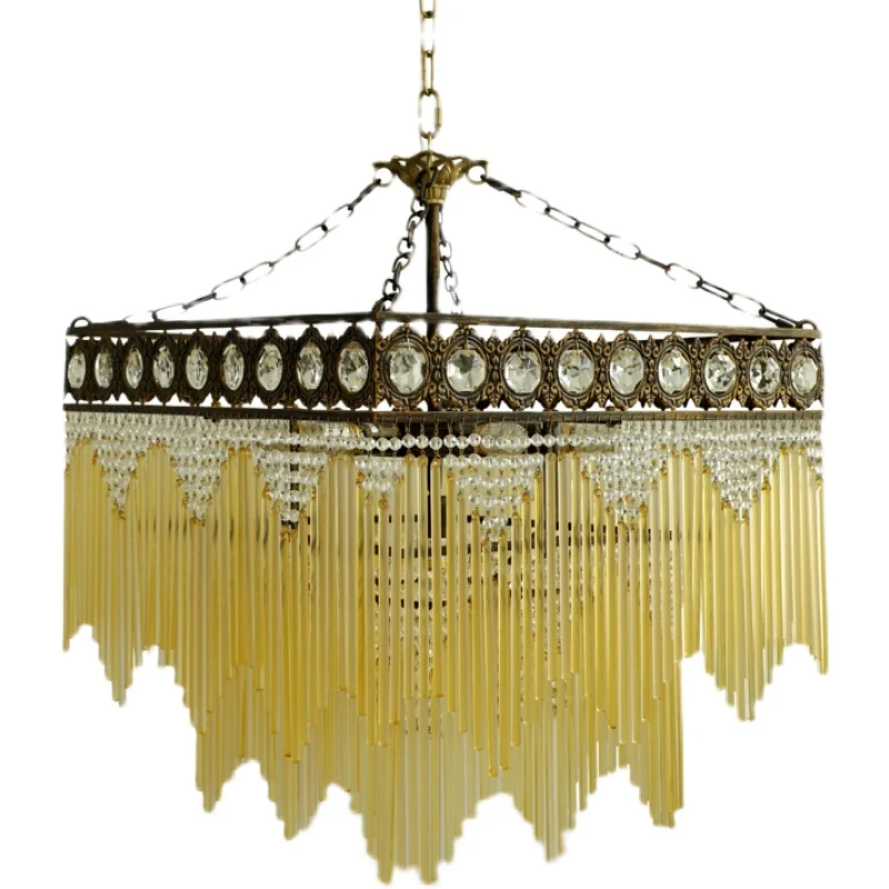 

Vintage French medieval brass glass fringed chandelier living room dining room elegant bedroom hanging lamp