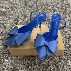 Women Blue Bow High Heels Sexy Pointed Slim Heel Slingback Sandals Pumps 2025 Summer Elegant Party Woman Heeled Shoes