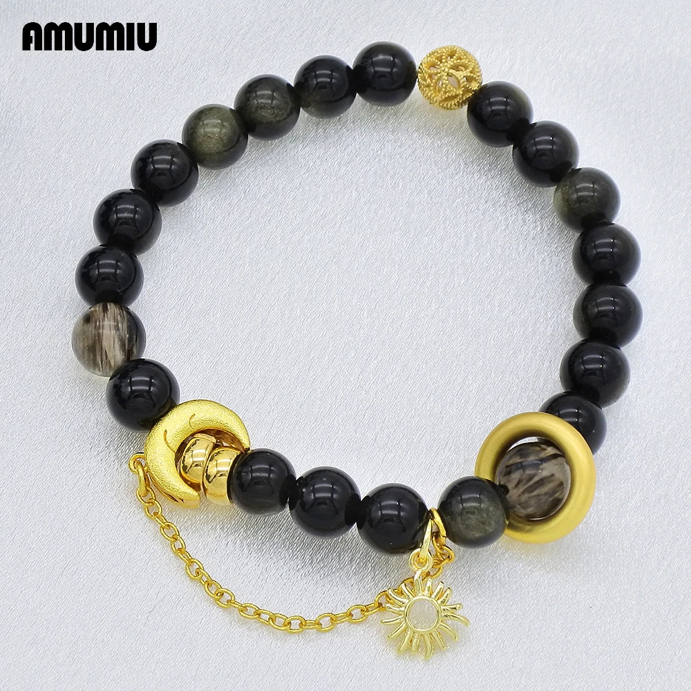 

AMUMIU Moon And Sun Bead Bolo Bracelet Gold Color Black Natural Rock Stone Womens Charm Gift Yoga Essential