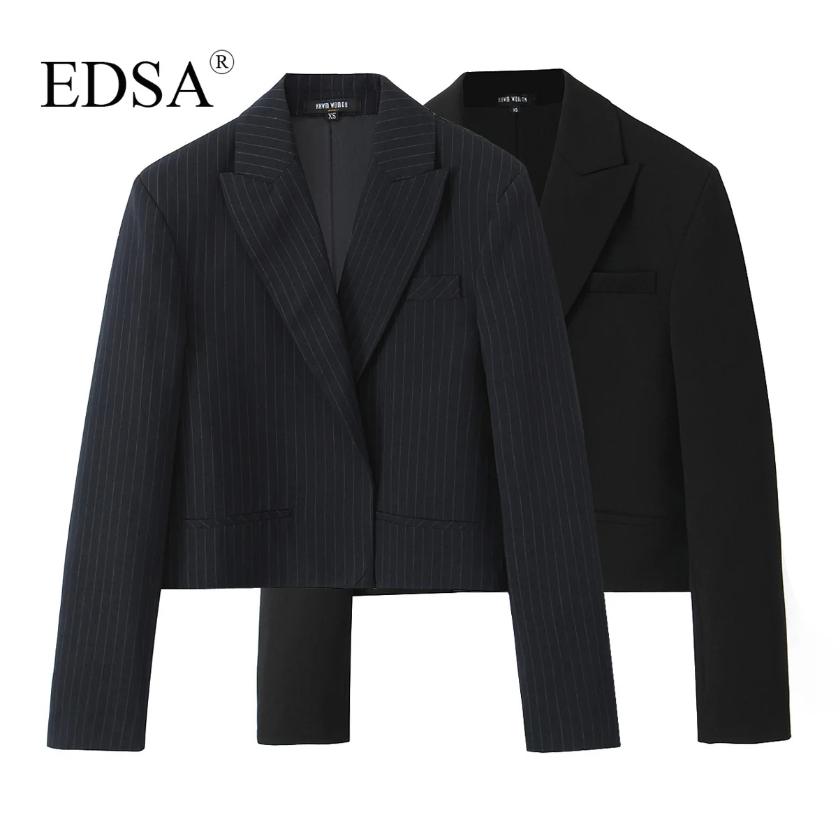 EDSA Women Vintage Cropped Blazer Jacket for Office Lady Long Sleeve Turn-down Collar for Female Casual Coat Outerwear