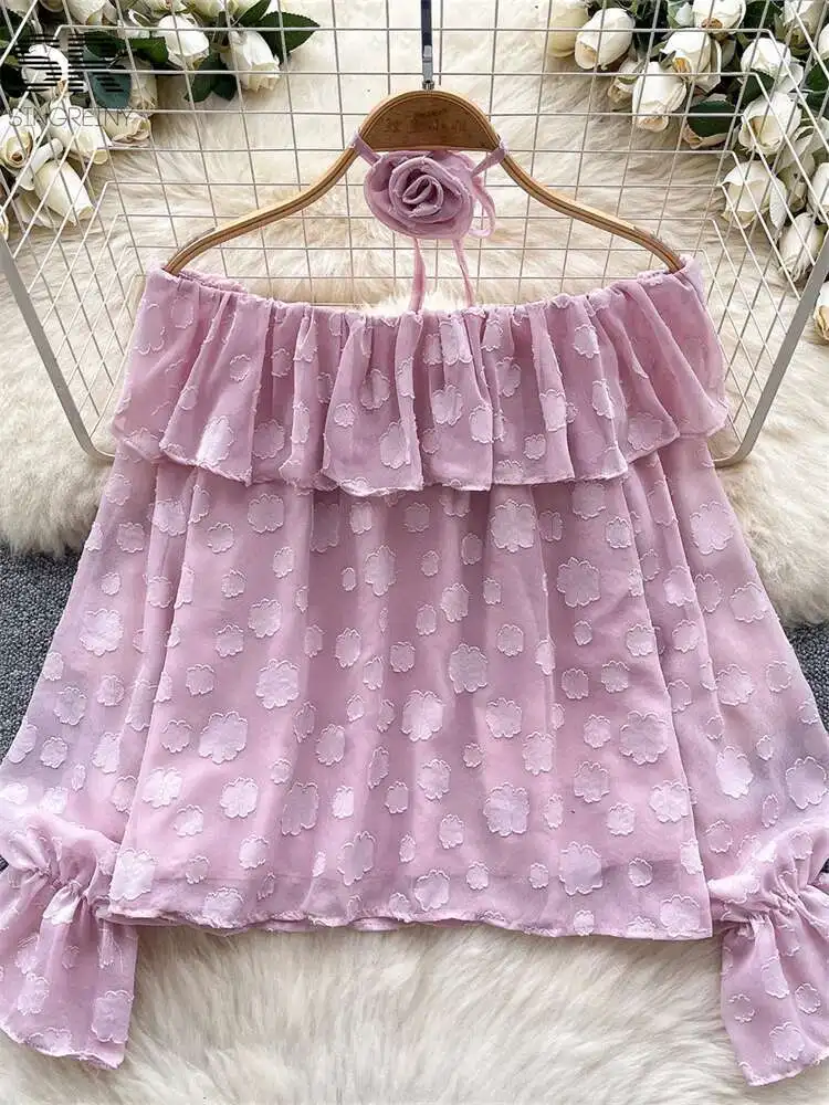 BabYoung Women Ruffle Loose Shirts Off Shoulder Flare Sleeve Temperament Blouse Fashion Wszechstronne letnie topy z haftem kwiatowym