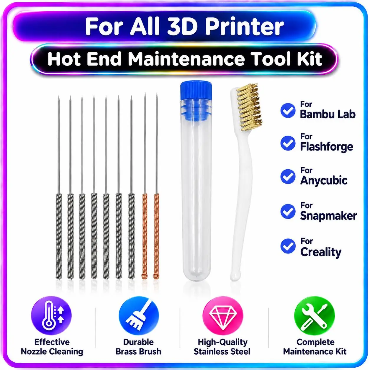 3D Printer Hot‑End Maintenance Tool for Flashforge Creator 5 C5 Pro Nozzle Cleaning Needles Brass Brush Bambu Lab Hotend Cleaner