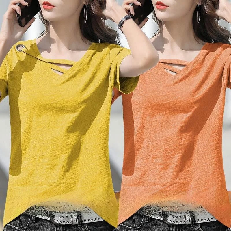 Women's Slim Fit V-Neck Short Sleeve T-Shirt Bamboo Cotton Summer New Style Pure Color Versatile Half Sleeve Top