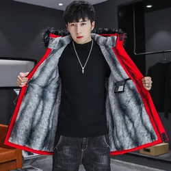 Autumn Winter Mens Fleece Mid-Length Hooded Jackets  Fur Collar Thick Warm Windbreaker Streetwear Long Coat Parka