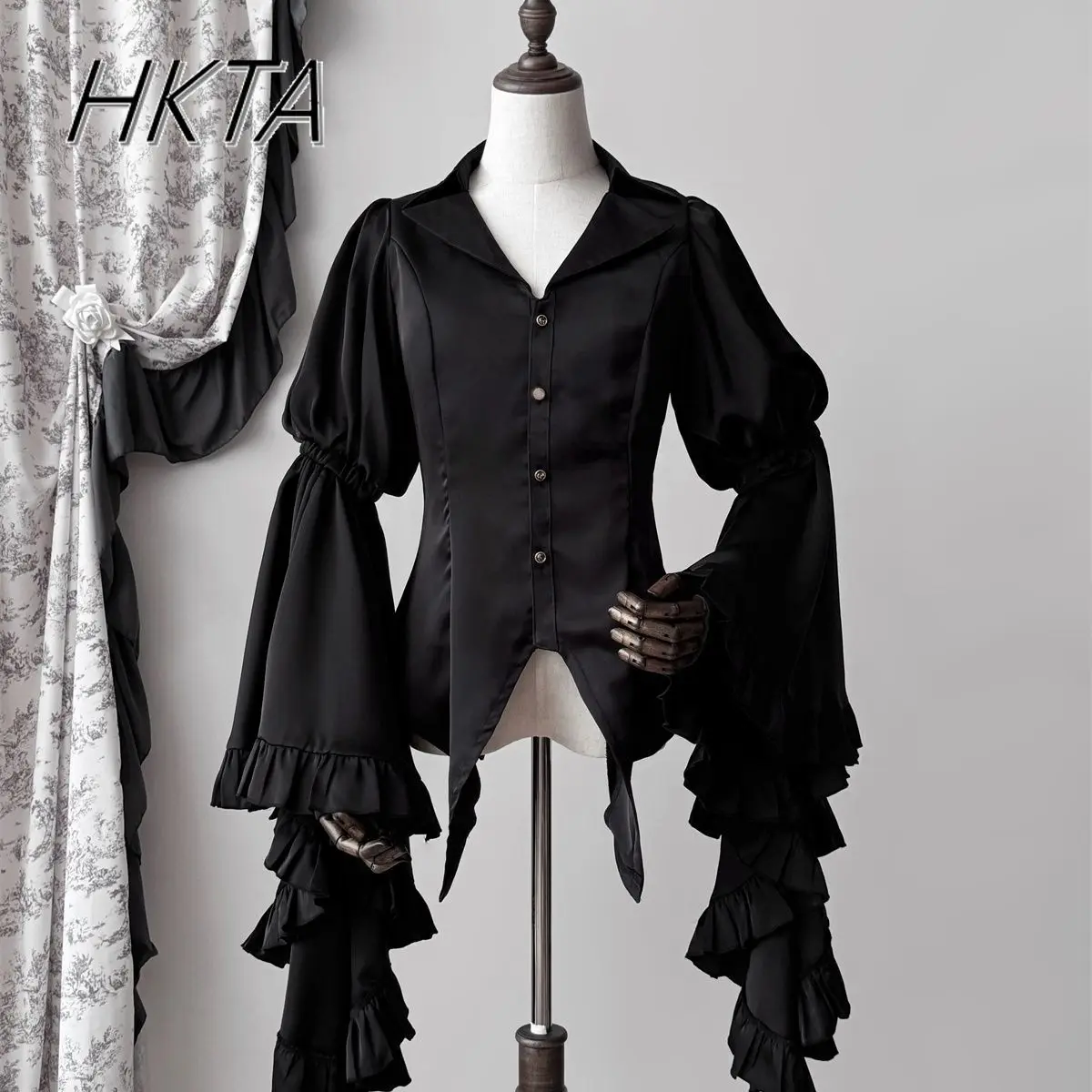 Vintage Design Goth Long-sleeved Shirt Top 2025 Spring Summer Slim Waist New Original Lolita Black Blouse Women Chiffon Shirts