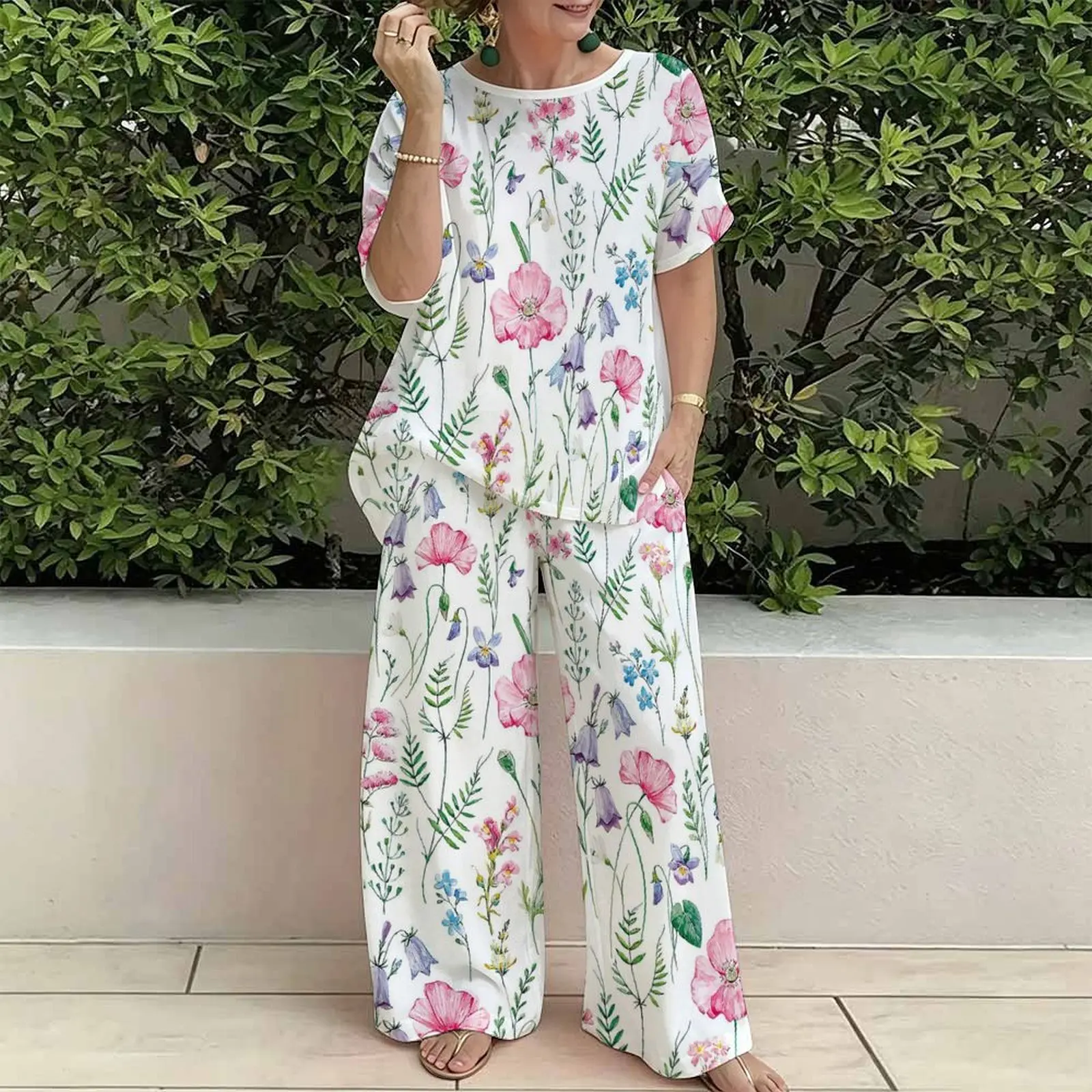 Plus Size Women Spring/summer Fashion Print Two Piece Set  Exercise Round Neck T-shirt Casual Vacation Sweatpants