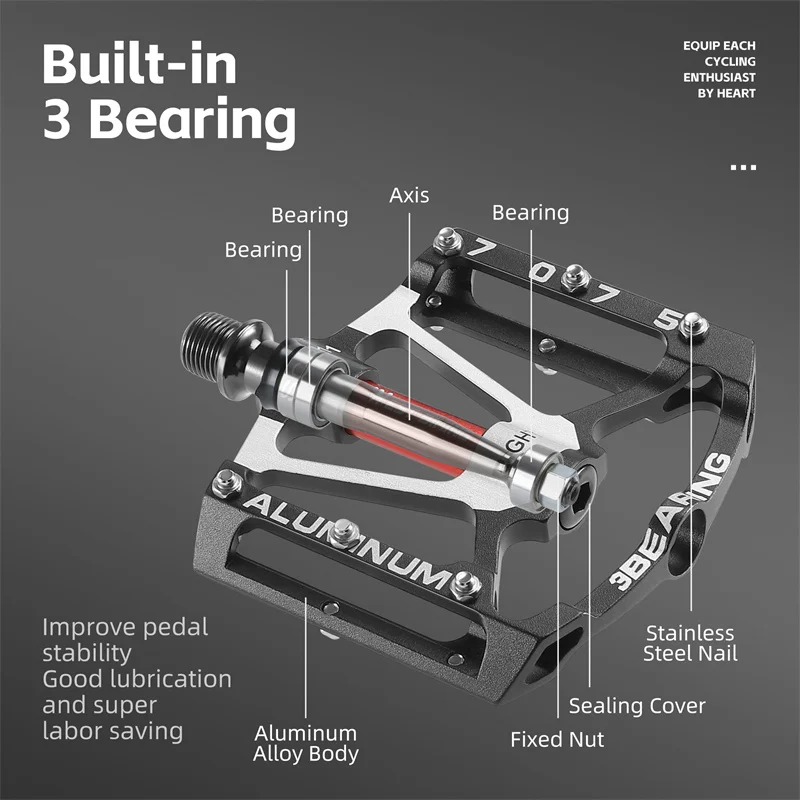 WEST BIKING 3 Bearing Bicycle Pedals Lightweight Aluminum Alloy Anti-slip Platform Universal 9/16\