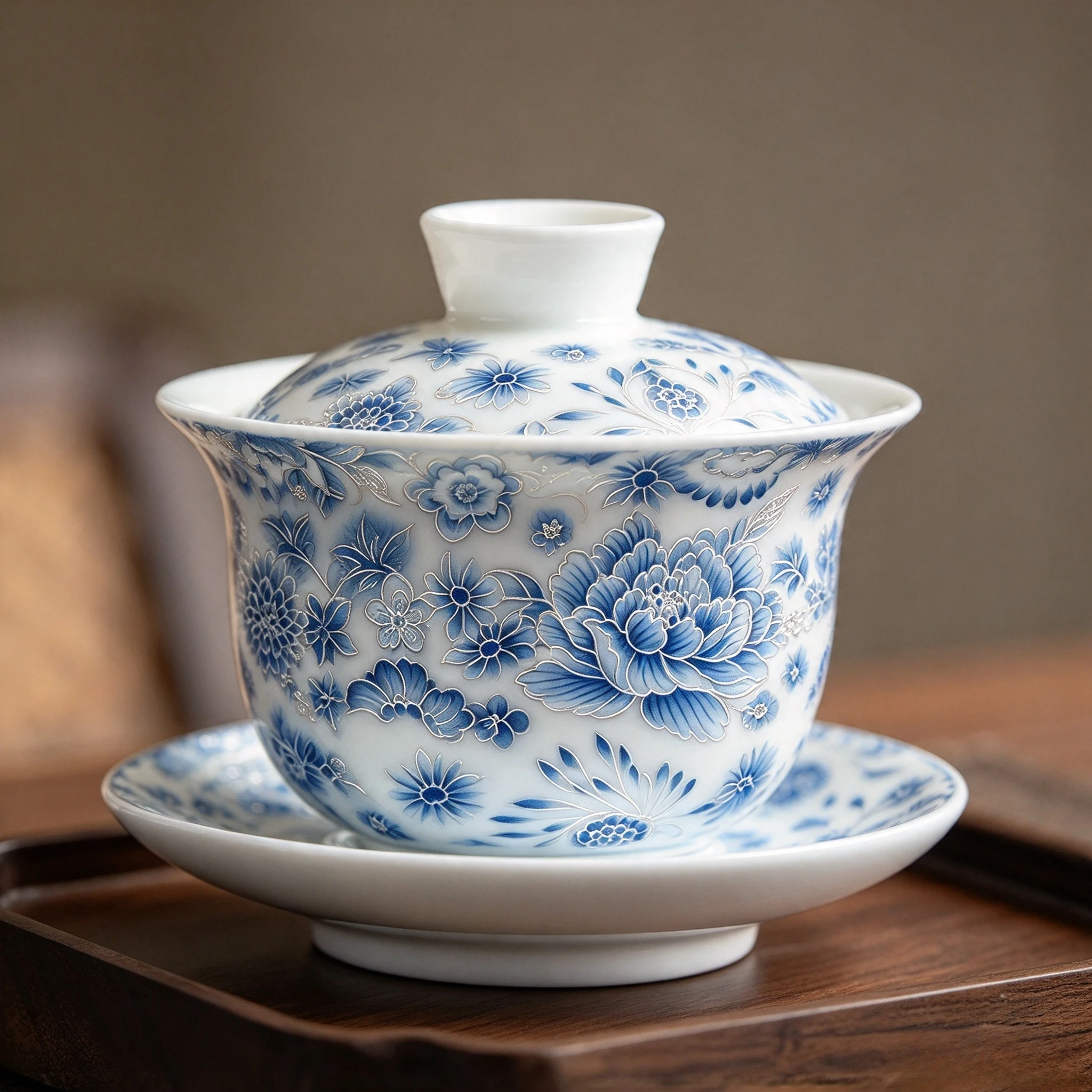 Silver Filigree Blue White Porcelain Gaiwan Tea Cup Floating Peony Design Kung Fu Brewing Bowl Chinese Ceramic Fairness Cup