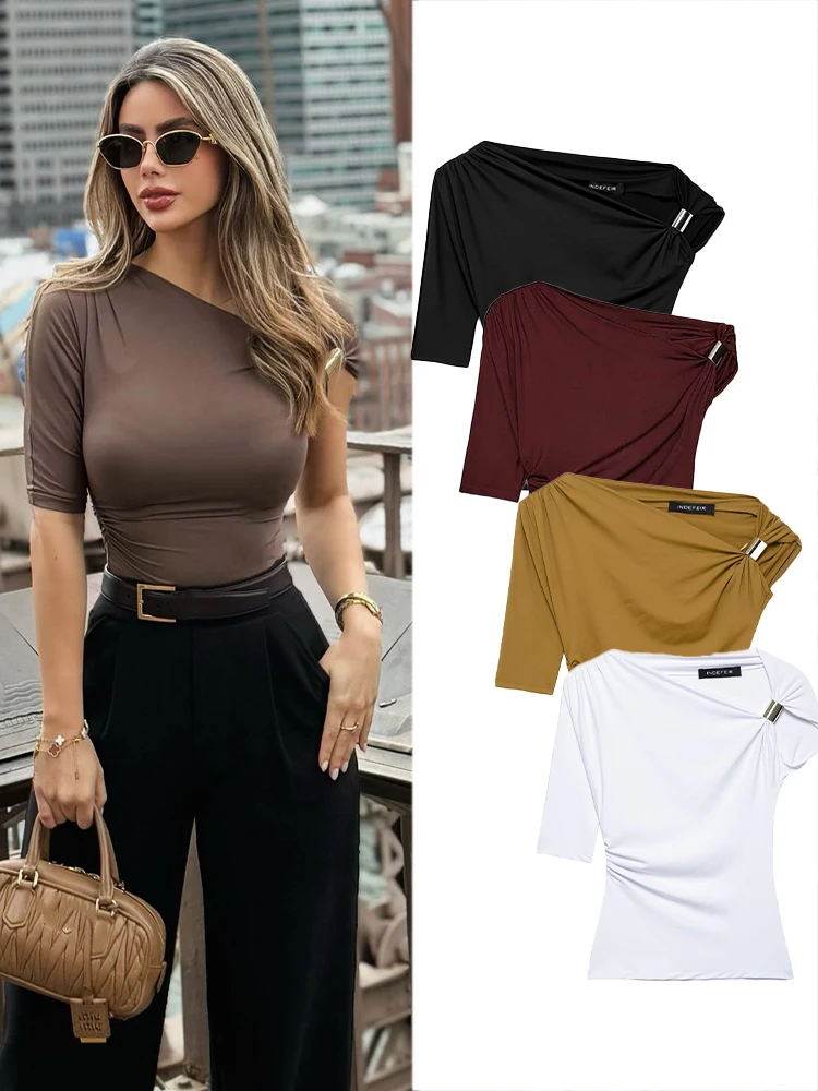 

HH Women's 2025 New Asymmetrical Slim Metal Button Nylon Simple Top Female Elegant Fashion Vintage Pullover Short Sleeve Top