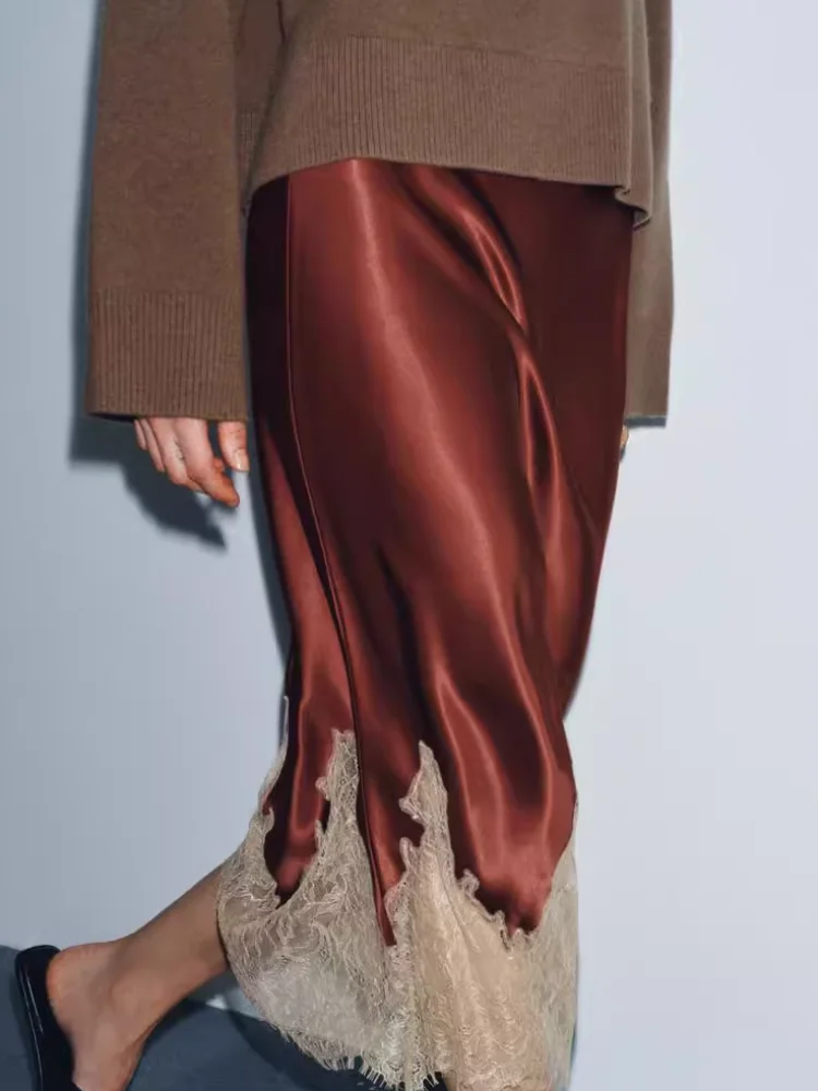 

Women Elegant Lace Patchwork Long Skirt Fashion Solid Waist Cinched Mid-length Bottom Lady 2026 Daily Party Club Street Skirt