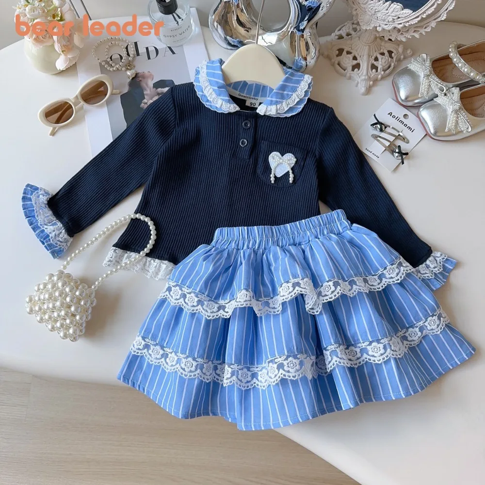 

Bear Leader Spring Autumn College Style Girls Clothes Doll Collar Long Sleeves Spliced Top+Striped Printed Lace Skirt 2 Pcs Set