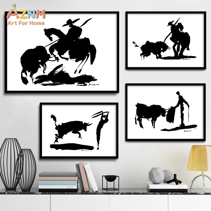 AZNM Frameless Canvas Poster Pablo Picasso Bullfight Ink Sketch Print, Minimalist Black White Abstract Wall Art Picture for Livi