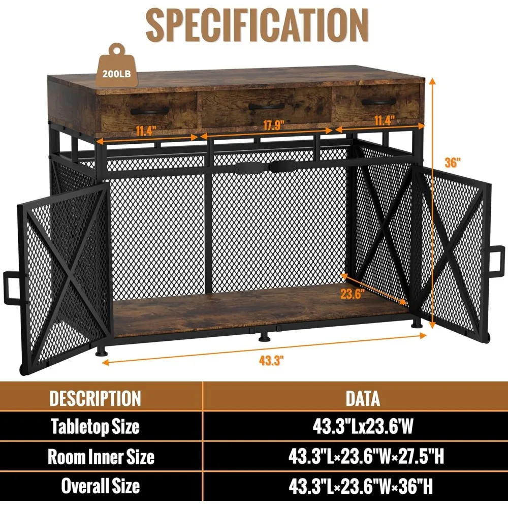 Dog Crate Furniture, 43.3inch Heavy Duty Dog Kennel with 3 Fabric Drawers and Storage, Dog Crate Side End Table for Entryway