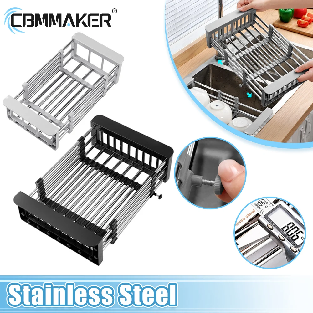 

Kitchen Dish Drying Rack Stainless Steel Telescopic Drain Rack Sink Drain Rack Fruit Vegetable Retractable Organizer Basket