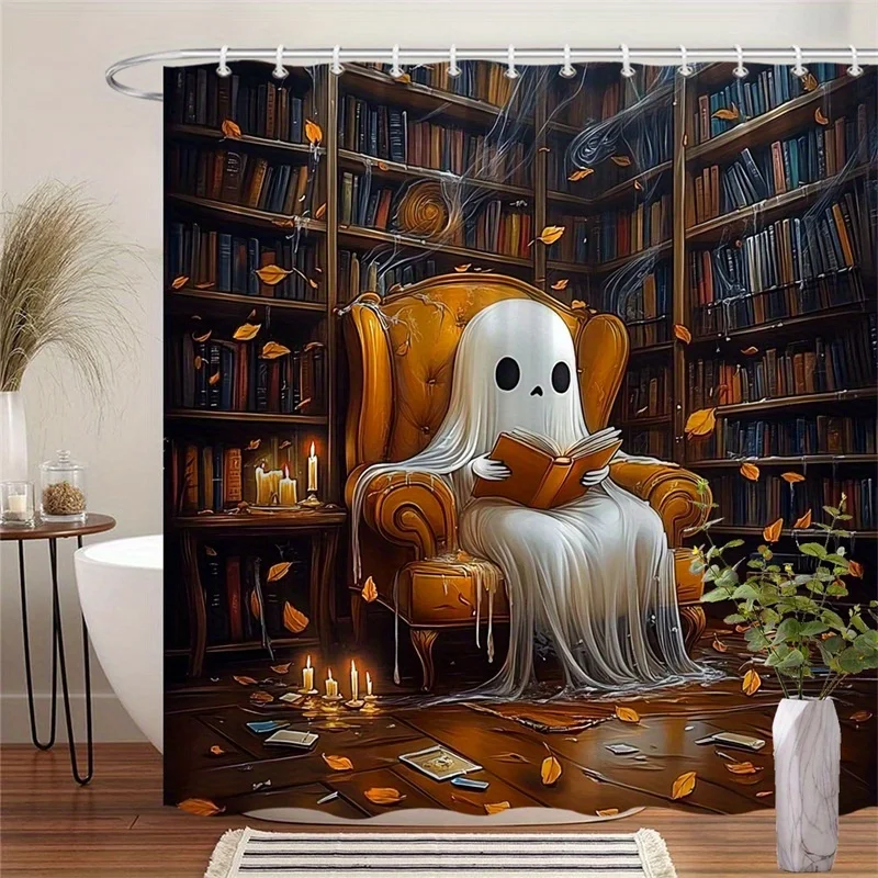 Whimsical Ghost in Orange Armchair Library Shower Curtain - Digital Illustration with Autumn Leaves & Candlelight