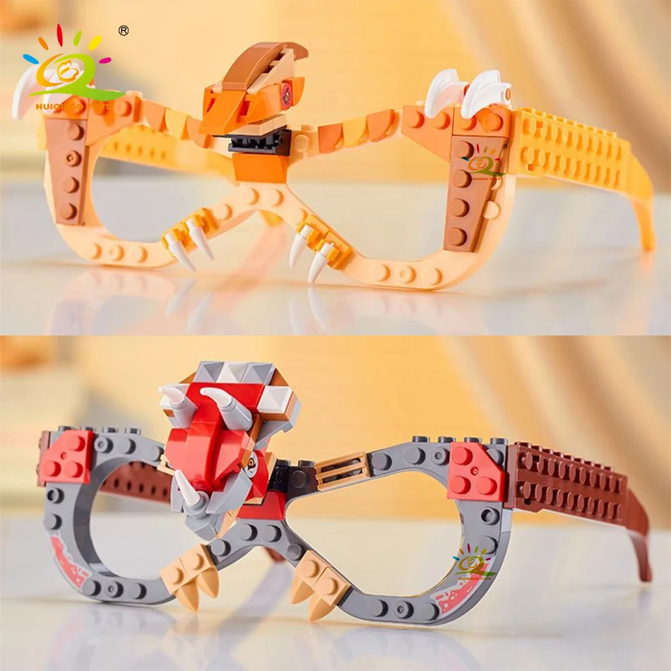 HUIQIBAO Dinosaur Building Blocks Glasses Baseplate Frame Friends Police City DIY Toys Glasses Bricks Kid Christmas Gift Party