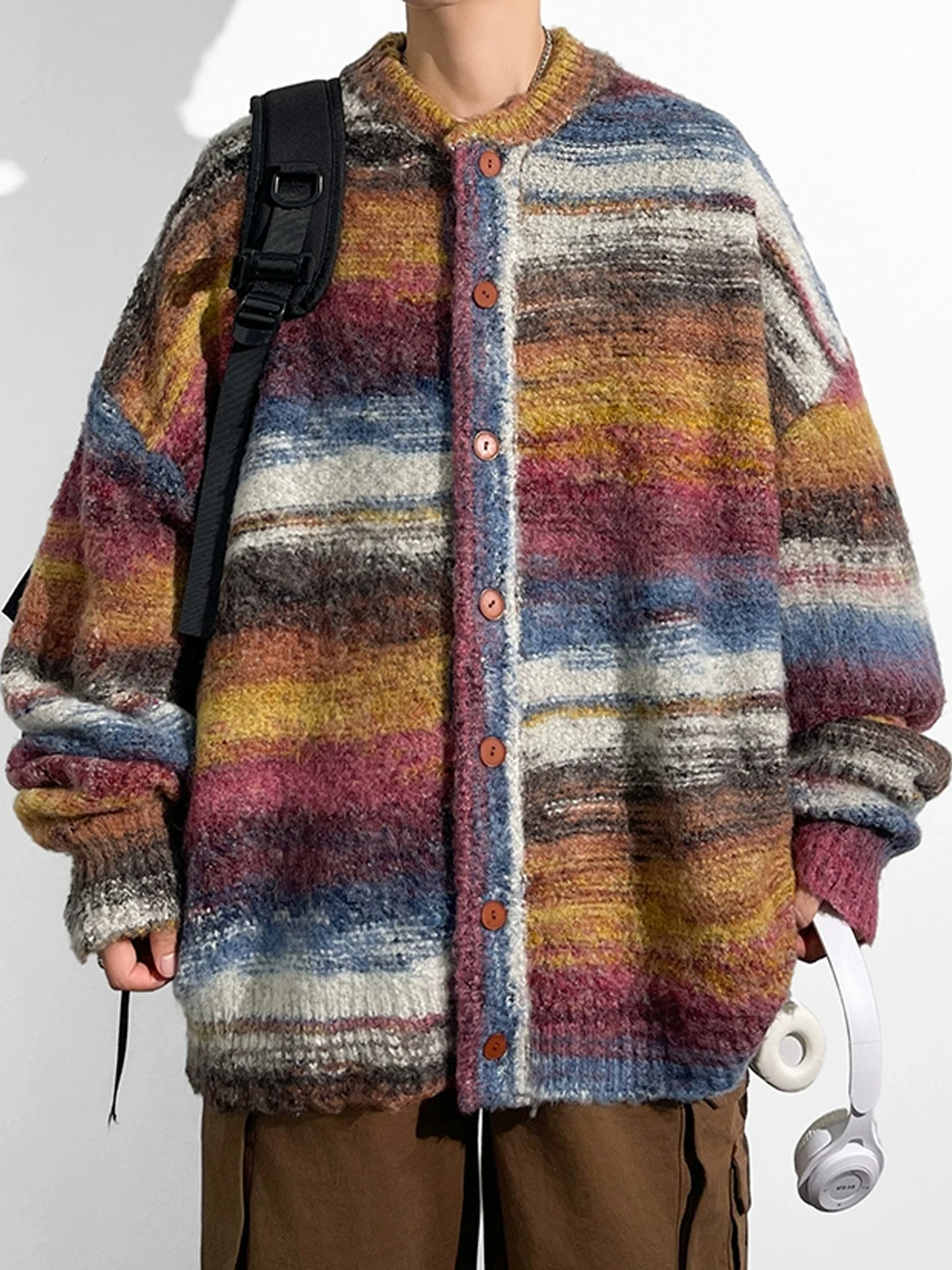 Retro American Color Blo Striped Loose Knitted Cardigan Men's Lazy Sle Contrast Color Dyed Jaet Casual Cotton Blend