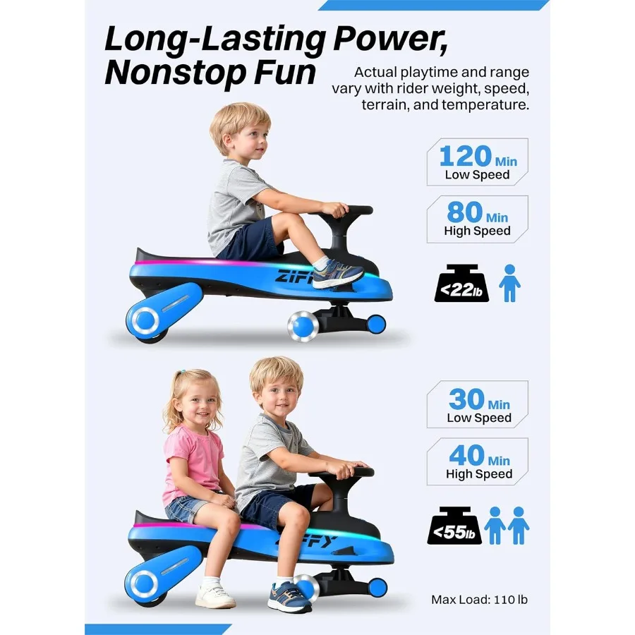 45W 5,5A oplichtende elektrische wiebelwagen met pedaal, oplaadbare batterij, 2-in-1 schommelauto, 2-speed ritsspeelgoed, anti-rollover, Fl