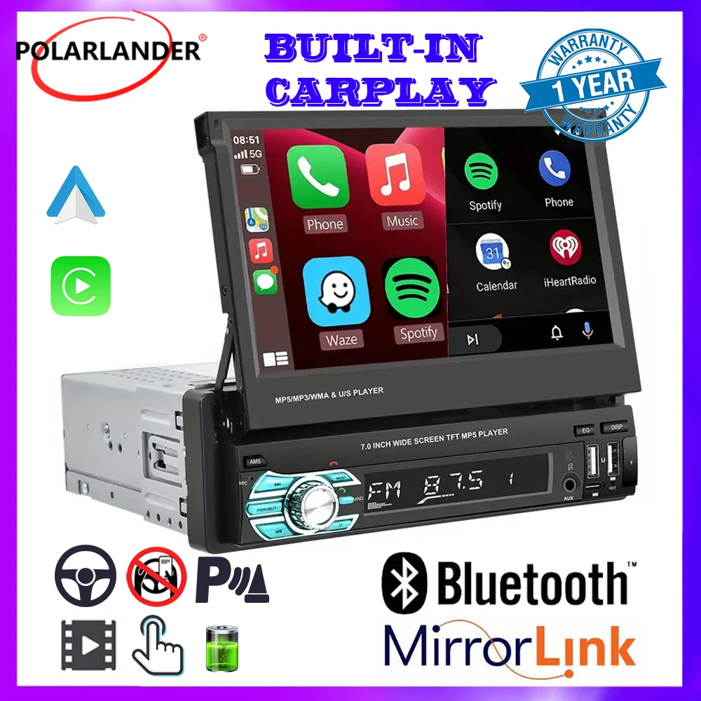 

Bluetooth 7" 1 Din MP5 Player 4 Led Camera Manually Retrackable Touchscreen AM Mirror Link FM with Apple Carplay Android Auto