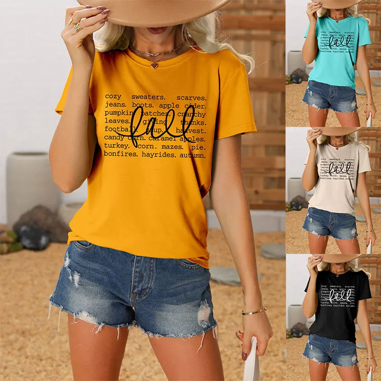 Summer new crew-neck fashion T-shirt Cozy sweaters sweater jeans print loose casual short-sleeved top women's all-match pullover