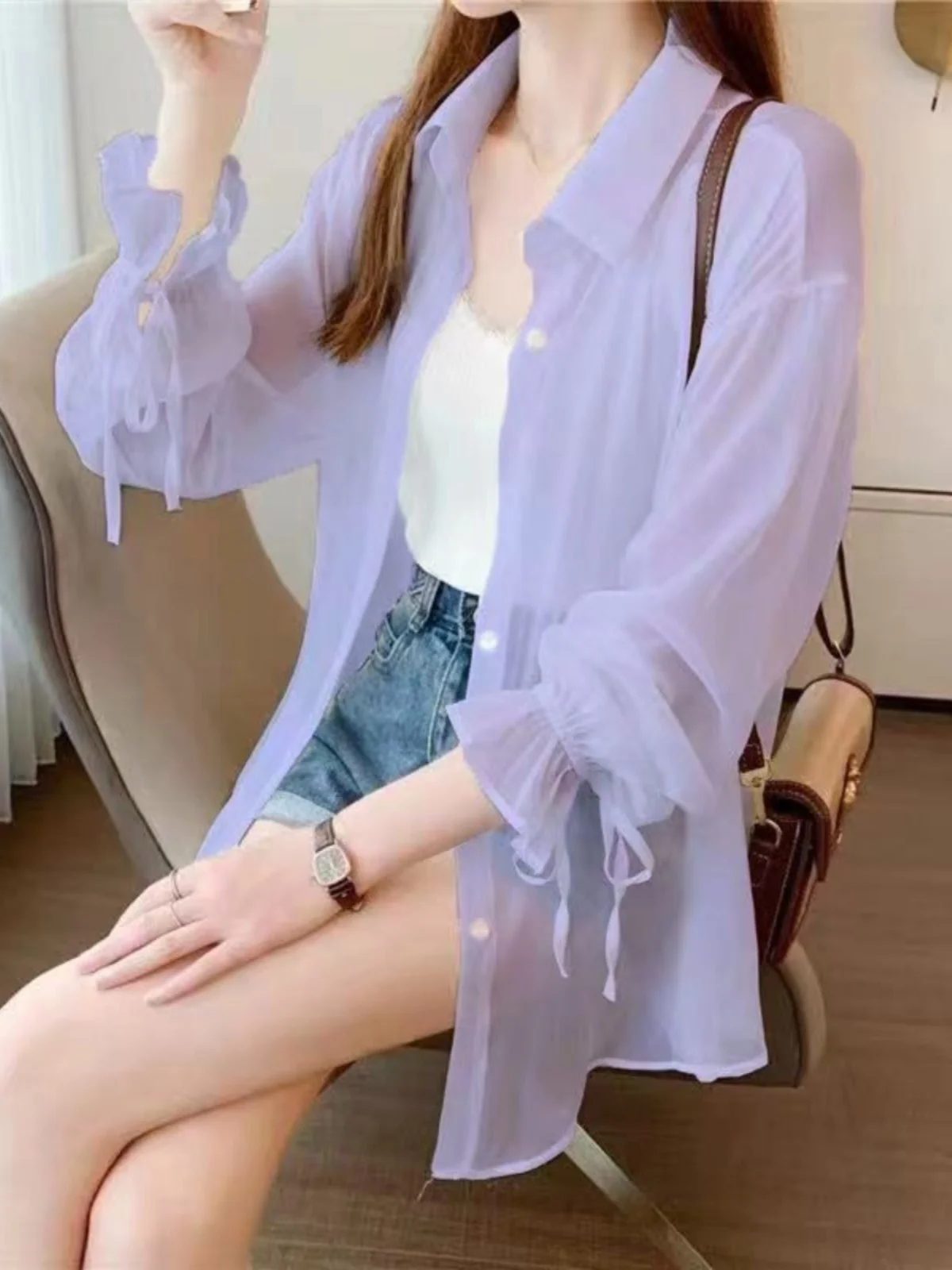 

2024 New Women's Chiffon Sunscreen Shirt Thin Summer Outerwear Cardigan Knot Long Sleeve UV Protection Clothing Cas...