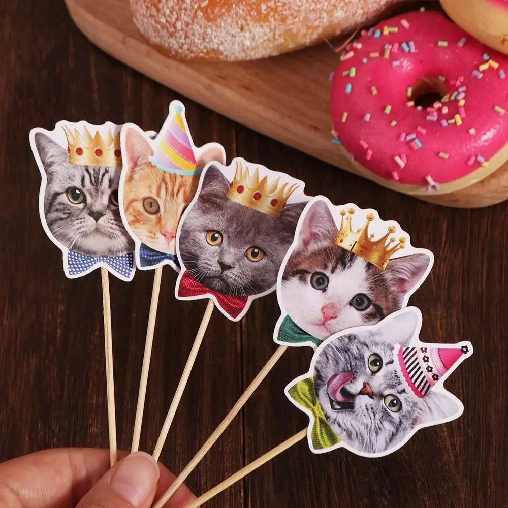 8pcs Party Decoration Cute Cat Face Insert Card Non Toxic Disposable Cat Cupcake Toppers Single Side DIY Cake Flag Home