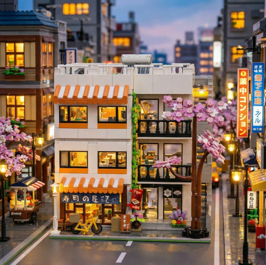 3911PCS Sushi Shop Apartment Building Blocks Set Japanese Street View House Cherry Blossom Architecture Modular Model Kit with 5 Figuren and LED Lighting DIY Assembly Bricks Toys for Adults Gift Desktop Ornament Collection Display Home Decortion