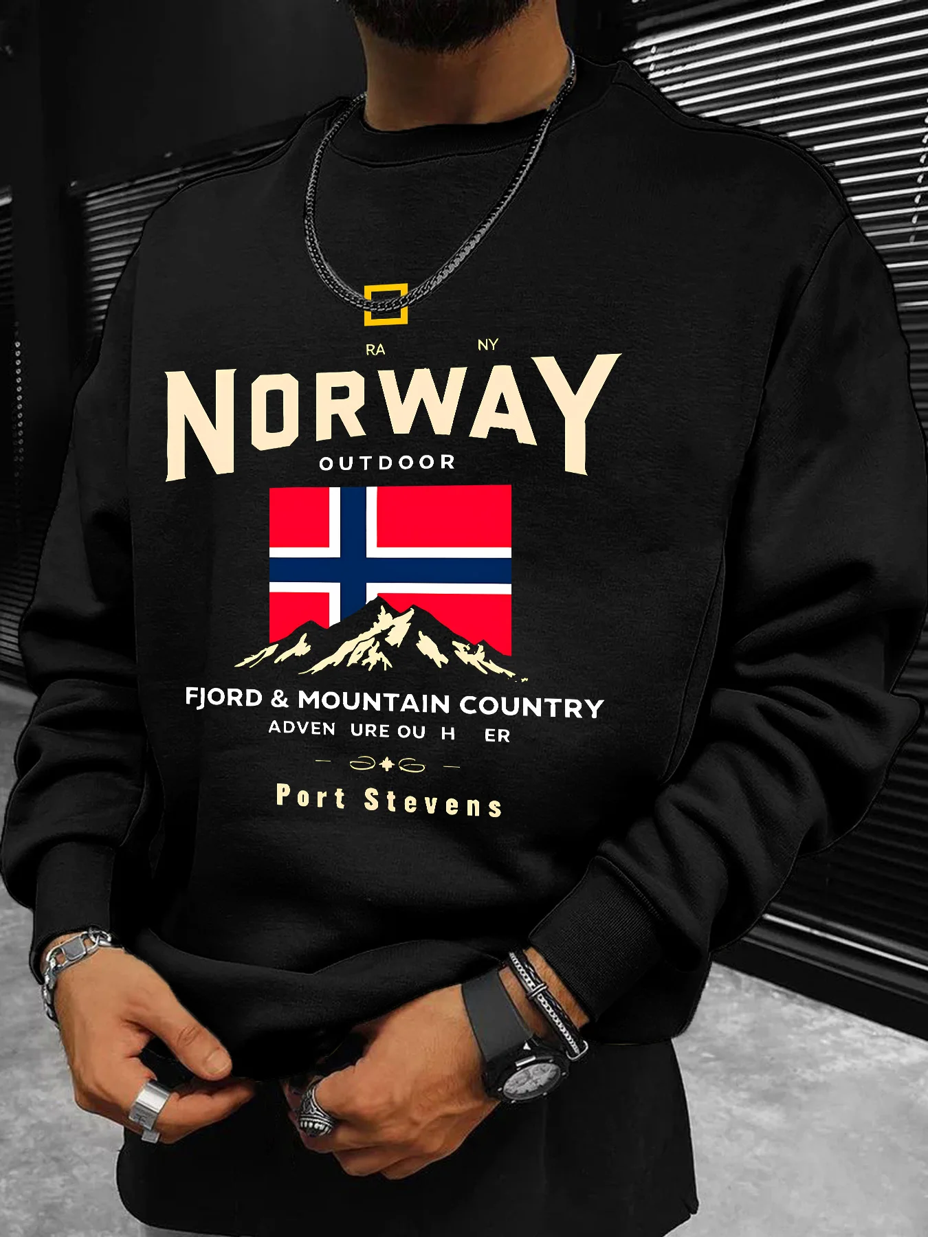 سويت شيرت رجالي، علم نرويجي ونمط جبل الثلج ونص "NORWAY OUTDOOR"، ملابس يومية غير رسمية للخريف والشتاء