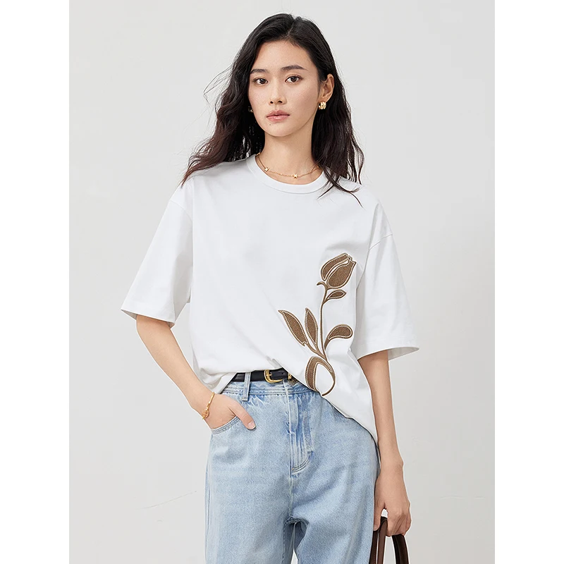 TOYOUTH Women Vintage Patch Embroidery T-shirt 2024 Summer Cotton Short Sleeved