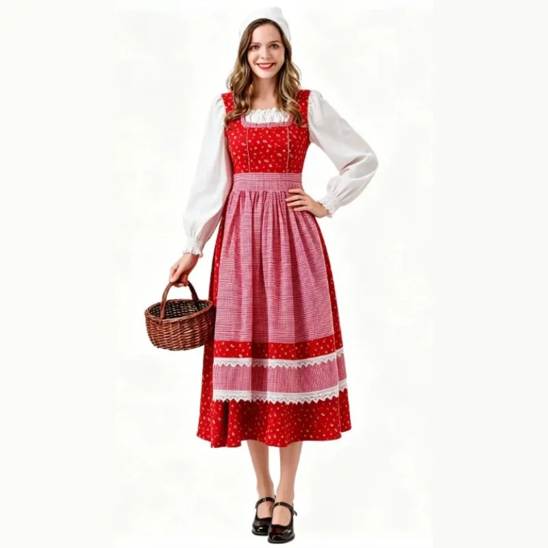 New Cosplay Farm Maid  Printing Dress with Hood Suits Costume for Women Fairy Tale Halloween Theme Party Role Playing Outfits - view 2