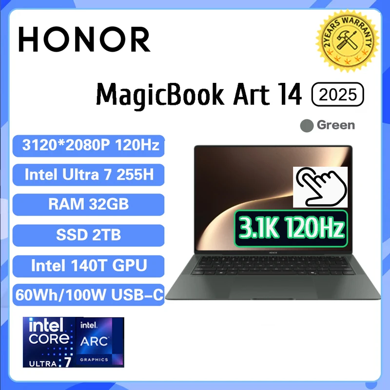كمبيوتر محمول Honor MagicBook Art 14 2025 شاشة لمس OLED مقاس 14.6 بوصة الجيل الثاني Core Ultra5/Ultra7 32GB 1TB/2TB 120 هرتز 3.1K كمبيوتر محمول