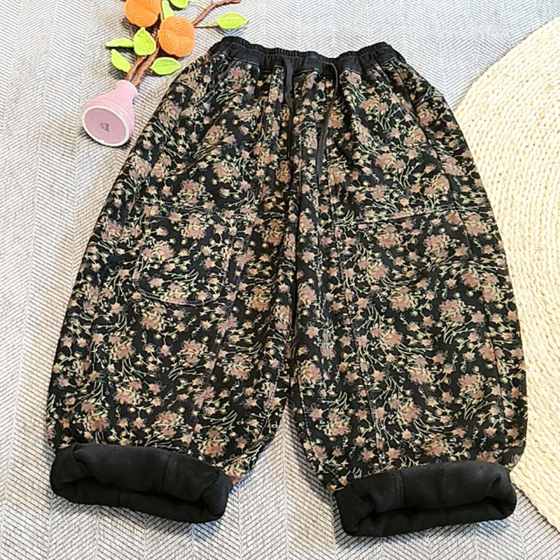 قداس واس الشتاء النساء أزياء فضفاضة خمر الأزهار الفراء الدنيم السراويل السيدات عارضة الكلاسيكية مرونة الخصر السراويل المطبوعة الجينز #6
