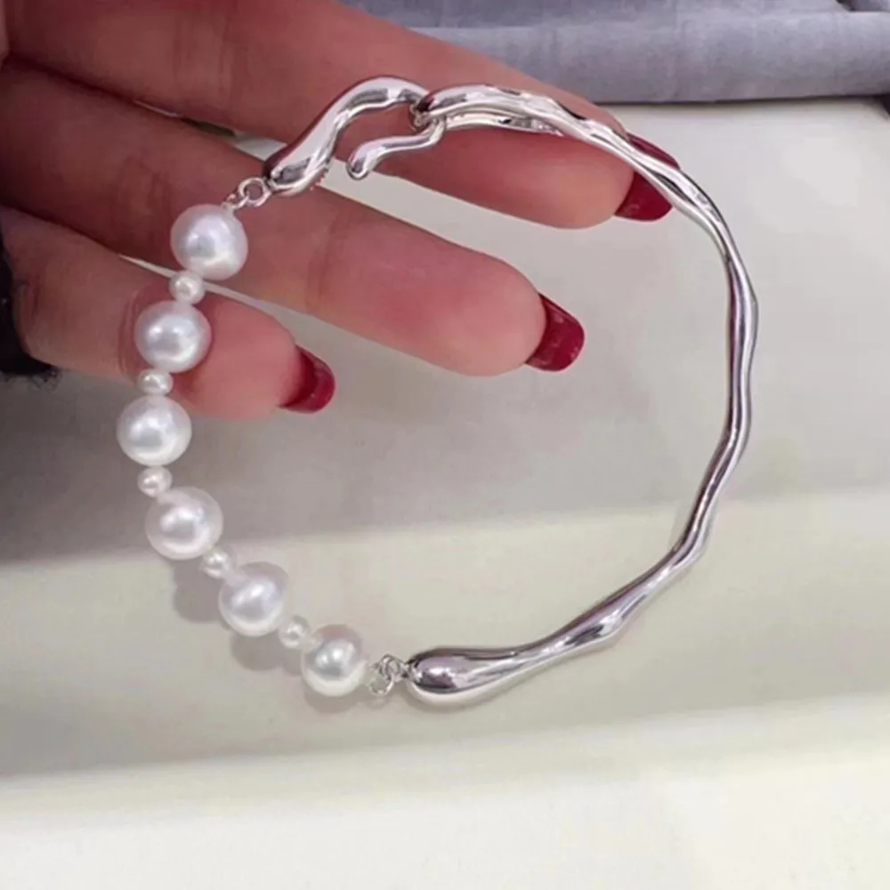 Irregular Retro Half Bead Chain Bracelet Liquid Texture Beaded 7-8mm South Sea Pearl AAA 8-9mm 9-10mm 10-11mm 925s