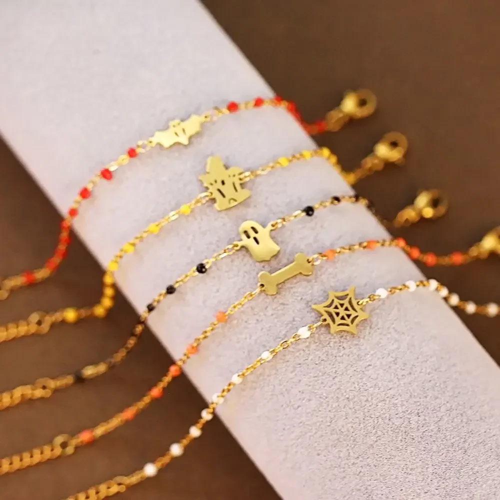 

Halloween Bat Pumpkin Oil Drop Bracelet Extremely Thin Golden Stainless Steel Ghost Spider Wrist Jewelry Couple Women's Bracelet
