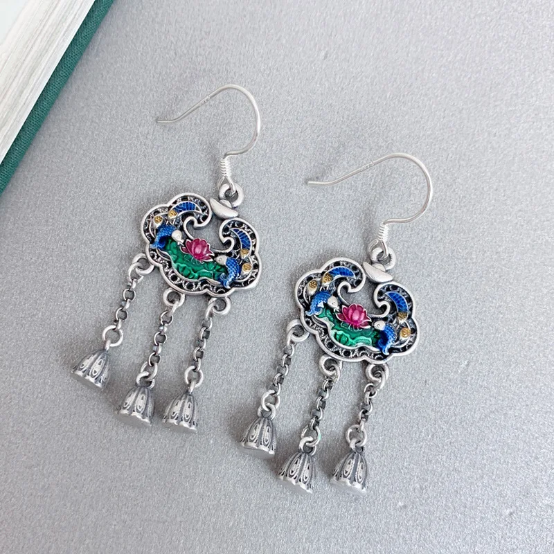 925 Sterling Silver Fish Flower Earrings for Women Enamel Colorful Handmade Hollow Lotus Seedpod Tassel Earrings Jewelry EH217