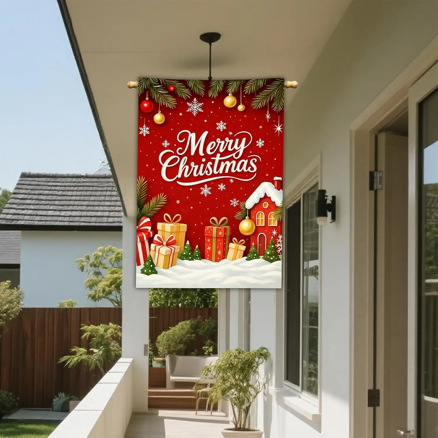 IVN Christmas Gifts Garden Flag 28 x 40 Inch Double Sided House Flag with Present Box Red Background and Snowflake Design fo hhz