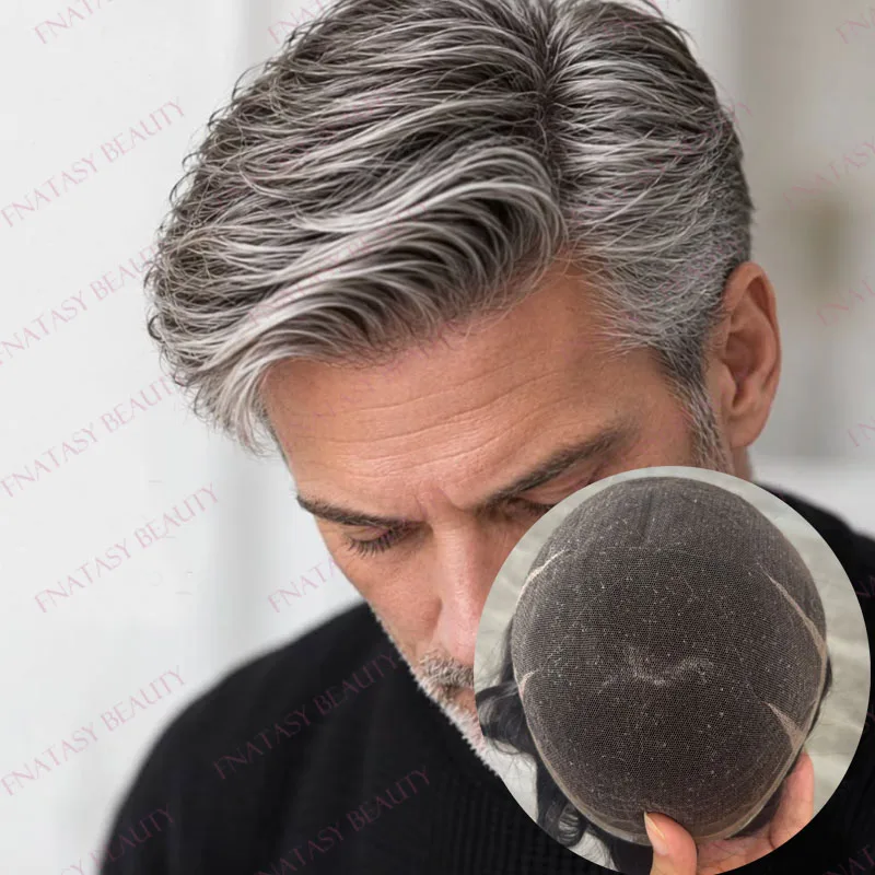 #440 #340 Brown with Grey European Old Men Toupee Durable Full Swiss Lace 100% HUman Hair System Natural Hairline Bleached Knots