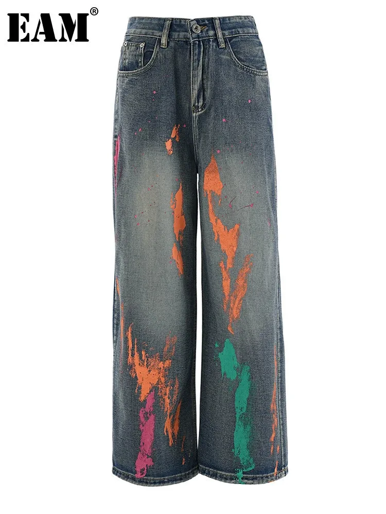 [EAM] High Waist Blue Denim Painted Long Casual Wide Leg Jeans New Women Trousers Fashion Tide Spring Autumn 2025 CPG2279