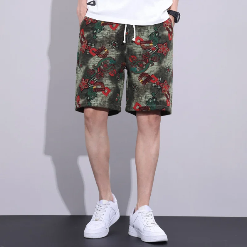 2024 Summer New Men'S Casual Shorts Fashion Print Versatile Straight Tube Water Wash Casual Party Thin Elastic Beach Pants