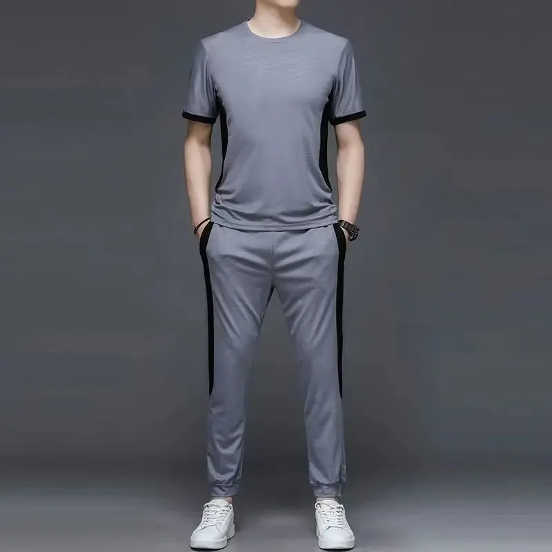 Male T Shirt Grey Tracksuit Sportswear Top Jogging Sports Suits No Logo Clothes for Men Gym Pants Sets Smooth Stylish Essential