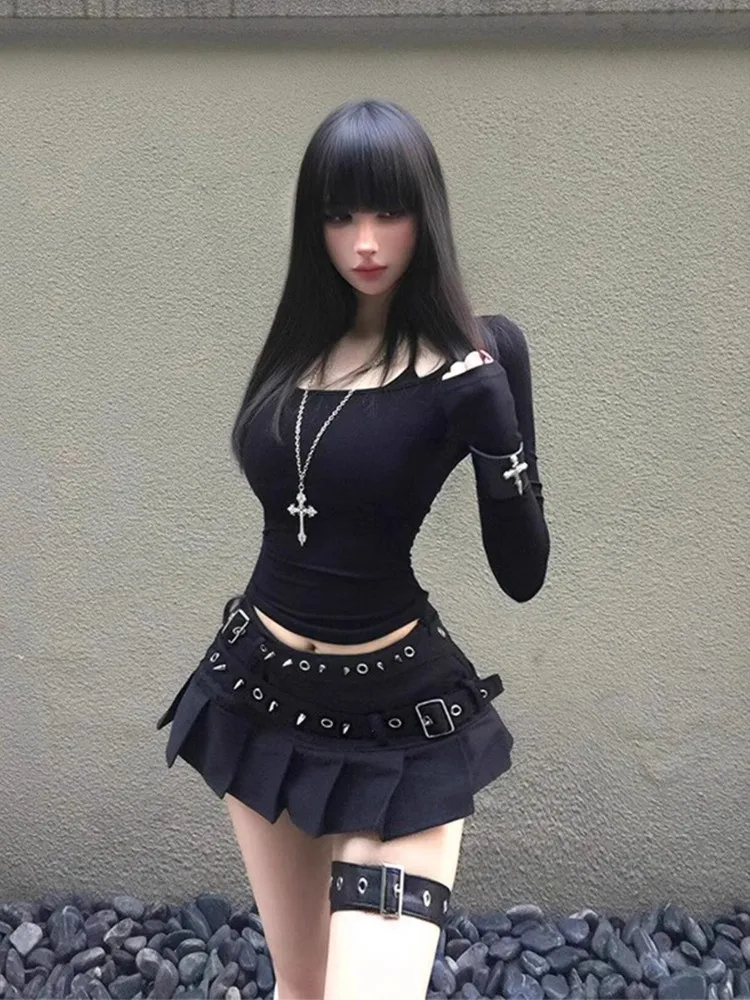 Low Waist Heavy Embellished Black Rhinestone Short Skirt for plus Size Women Y2K Millennium Punk Style Autumn Spicy Girl