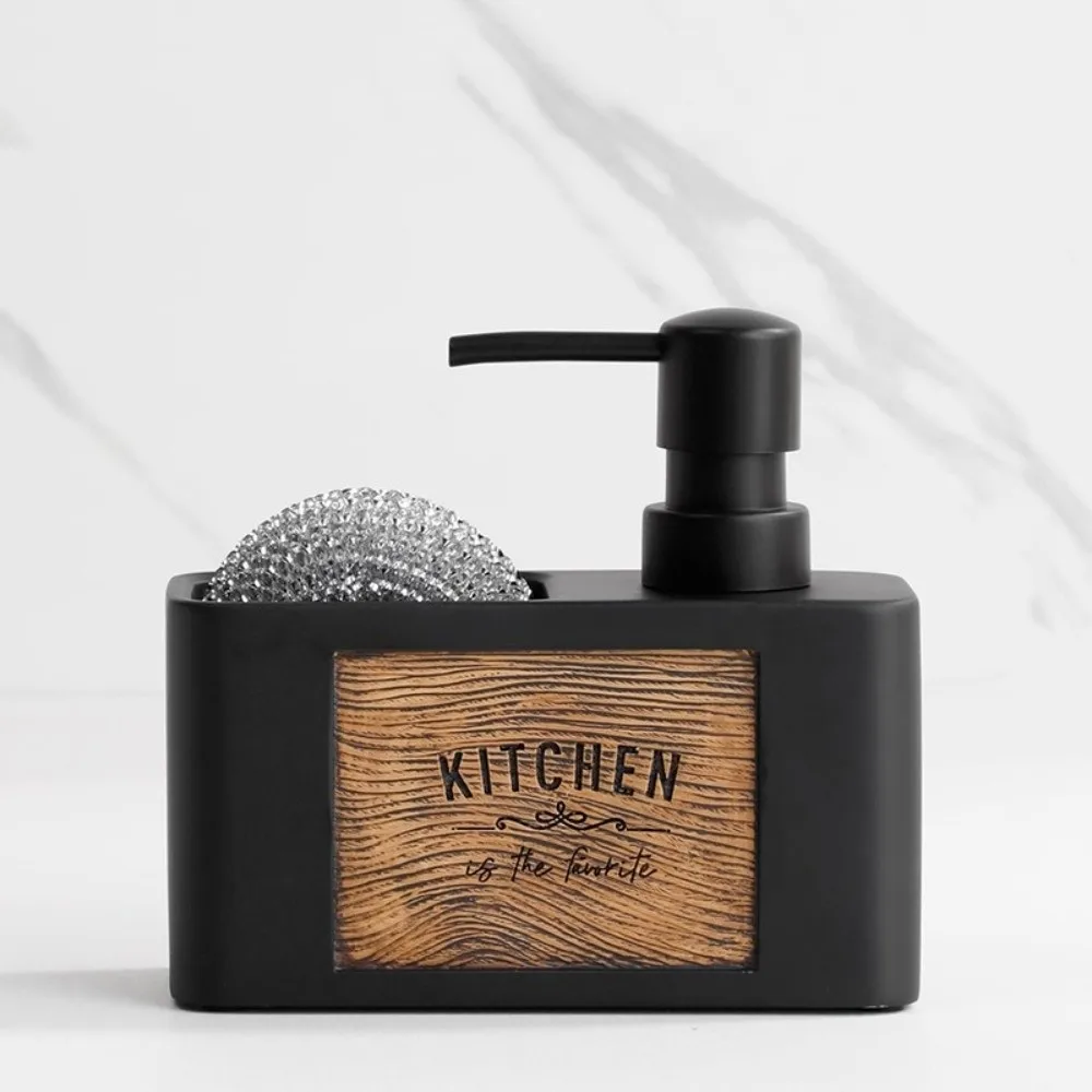 Press Type Kitchen Soap Dispenser Refillable with Sponge Holder Manual Soap Pump Wood Grain Lotion Bottle Kitchen Sink